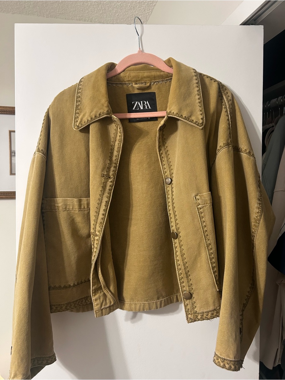 ZARA green Boxy Jean Jacket with Decorative Stitching